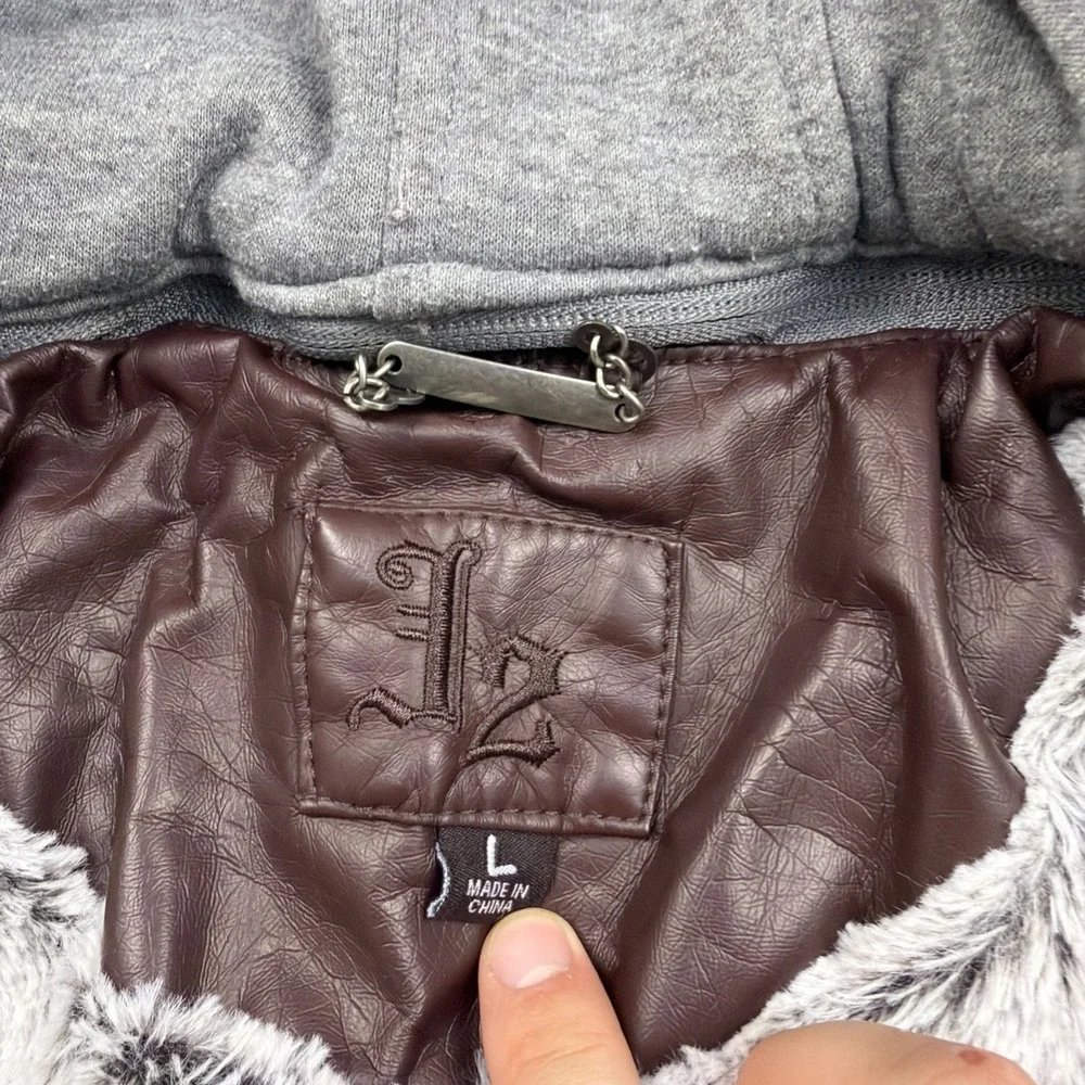 J2 Women's Large Brown‎ Faux Leather Fur Hooded Fashion Jacket Fur Lining